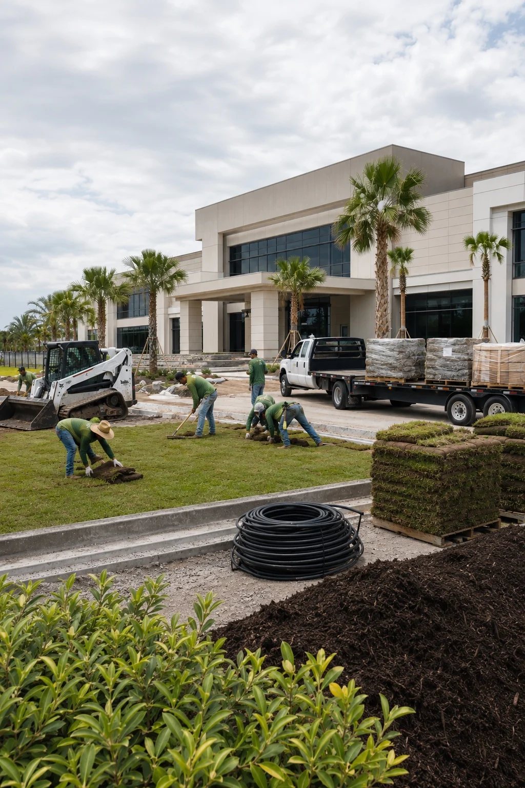 Bloom Landscaping crew installing landscaping at a commercial property in Orlando